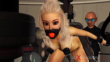 BDSM club. Hot sexy ball gagged blonde in restraints gets fucked hard by crazy midget in the lab