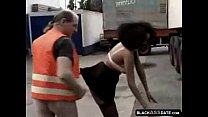 Black hooker riding on mature truck driver outside